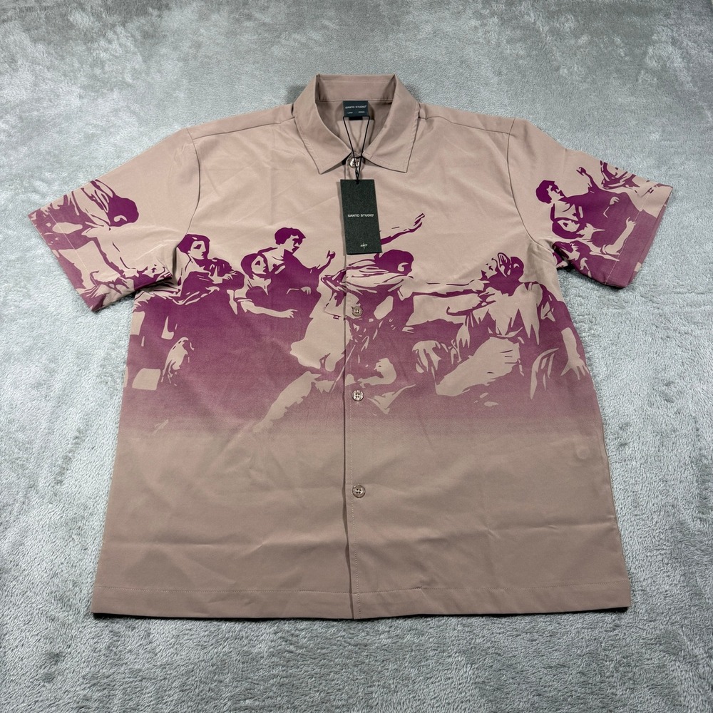 Santo Studio Button Up Shirt Mens Large Tan Graphic Short Sleeve NWT